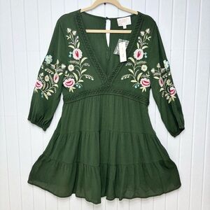 AUDREY PARKS for Francesca Embroidered Green‎ Boho Mini Dress Size L